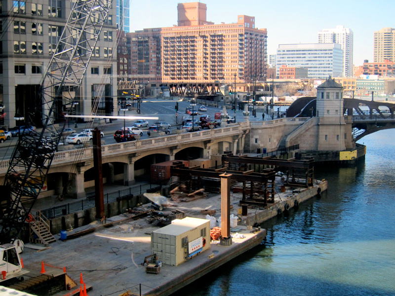 Repair barge in the Chicago River at Wells Street, © 2013 Celia Her City