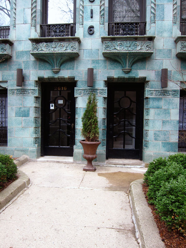 A welcome difference (entrance to a blue stone apartment building, Chicago), © 2013 Celia Her City