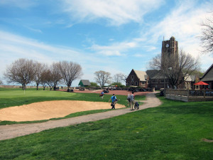 Golfers head for the Clock Tower Fieldhouse and the Clock Tower Cafe.