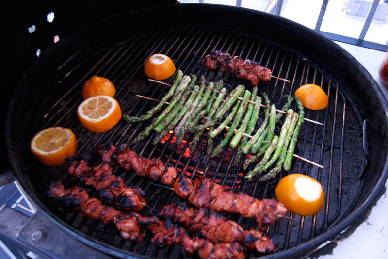 Chicago grill with asparagus, chicken skewers, and meyer lemons, © 2013 Celia Her City