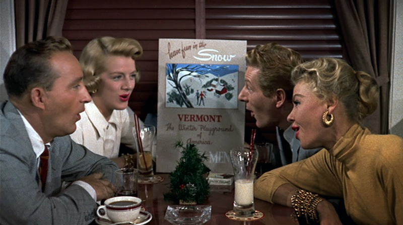 White Christmas screenshot of the leads singing "Snow"