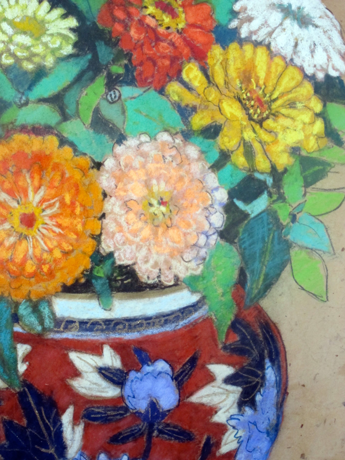 Detail from a pastel by Helen Olney of zinnias in a Chinese porcelain vase.