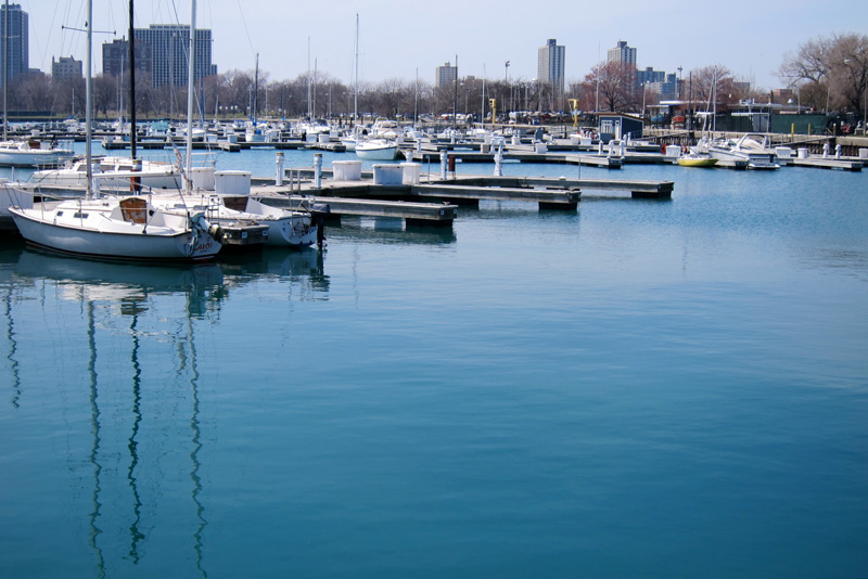 The blue water of Montrose Harbor in spring.