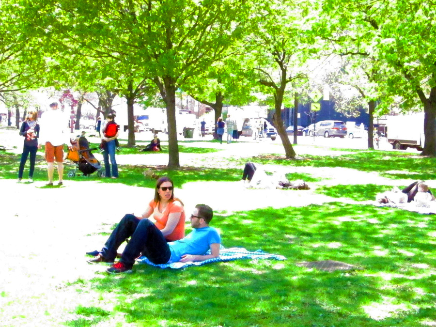 Chicagoans lounging on the grass near the Green City Market in May.