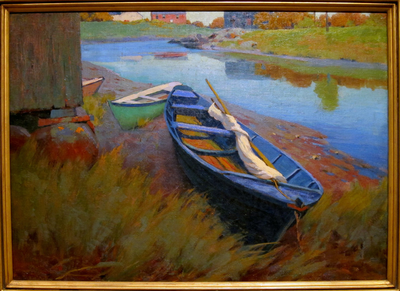Arthur Wesley Dow oil painting of a blue boat in the grass.