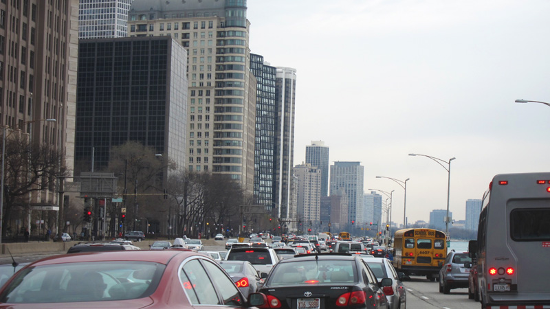 Traffic congestion on N Lake Shore Drive approaching Chicago Ave.