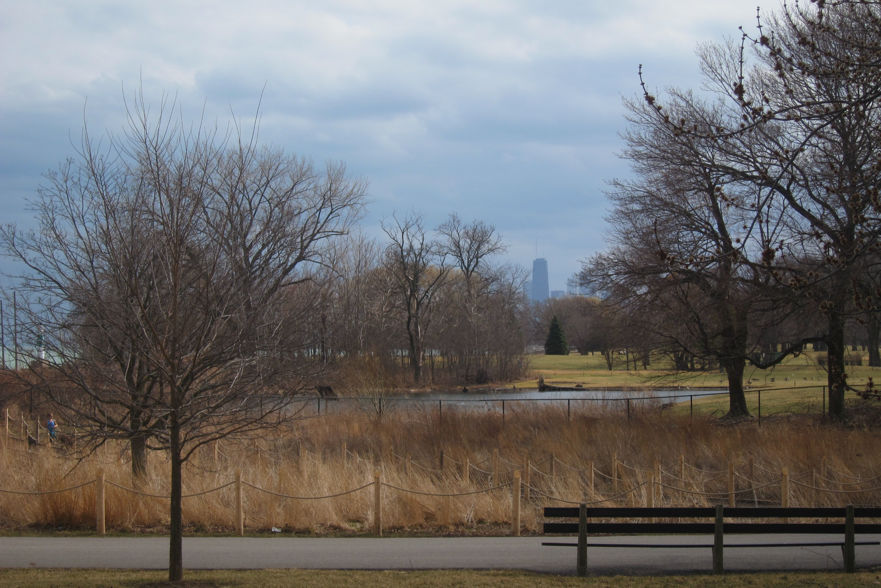 Prairie grasses, a water hazard, a bit of the Lake, and the Hancock visible in the distance.