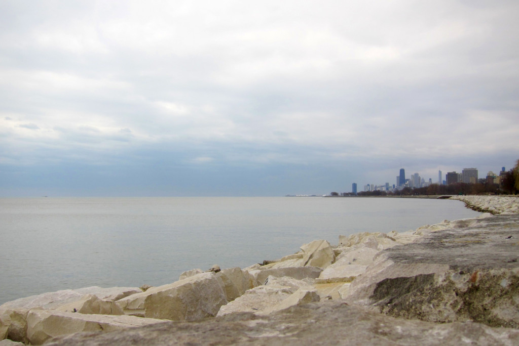 Lake Michigan, the Chicago skyline, and the sea wall along the golf course trail.