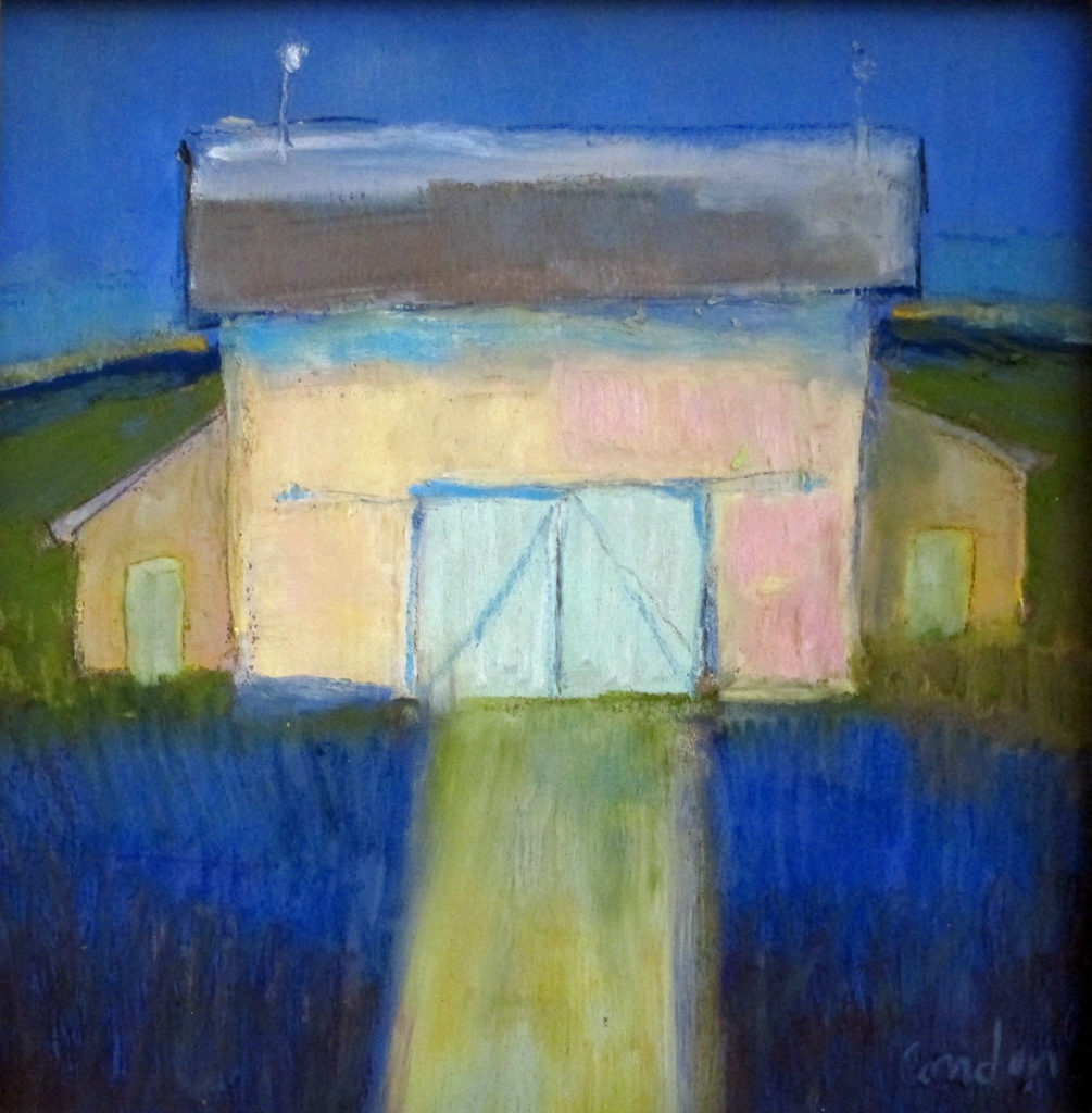 pastel of a barn in the 'blue hour'