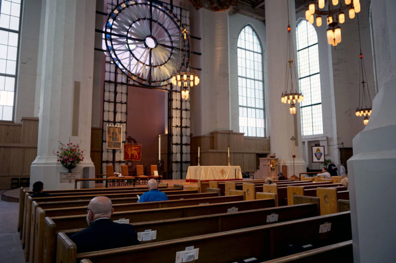 The "unfinished" interior of St Mark's, embellished with its steel screen and rose window.