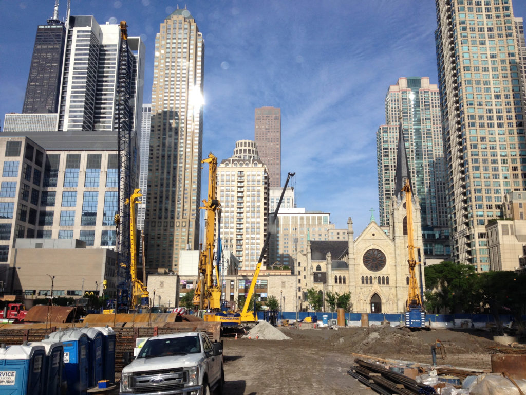 Construction has begun on the site of the cathedral's former parking lot. Chicago.
